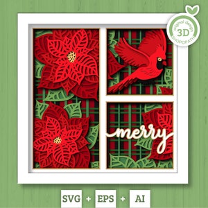 Scatola delle ombre con uccello cardinale in 3D SVG, scatola delle ombre di Natale, stella di Natale a strati SVG, scatola delle ombre di Babbo Natale, inverno 3D SVG, Cricut Silhouette