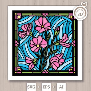 Caja de sombras con flores de guisante de olor en vidrio teñido en 3D SVG, flores en 3D SVG, papel cortado con vidrio teñido de primavera en 3D SVG, caja de sombras en 3D SVG, silueta de Cricut