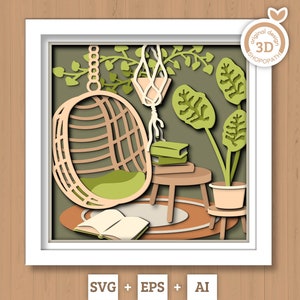 3D Boho Reading Nook Shadow Box SVG, gelaagde Boho SVG, Boho Room Shadow Box, Boho planten 3D Svg, Papercut svg, Cricut silhouet