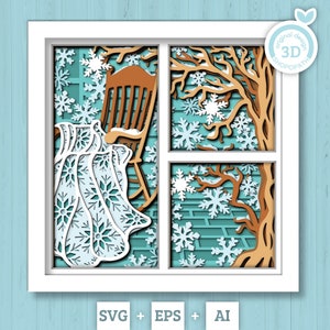 Caja de sombras de invierno SVG 3D, caja de sombras de edredón en capas SVG, copos de nieve SVG 3D, silla de porche SVG 3D, caja de sombras navideña SVG Cricut Silhouette