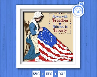 Betsy Ross Sewing United States Flag Square - 3D Shadow Box Layered SVG DXF EPS (Cutting Files)