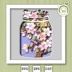 Rama de cerezo en flor en un frasco - Caja de sombras 3D con capas SVG DXF EPS (archivos de corte)
