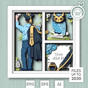 Caixa de Sombras 3D para Formatura SVG, Diploma 3D SVG, Turma de 2025 SVG, Coruja 3D SVG, Verão 3D SVG, Boné de Formatura 3D SVG, Silhueta Cricut
