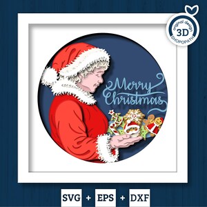 May include: A Christmas-themed illustration featuring a woman in a red Santa hat and coat, holding festive gingerbread cookies and a Christmas tree. The words "Merry Christmas" are written in elegant script. The image is set within a white frame.