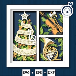 Puede incluir: Una obra de arte en papel en capas que presenta un árbol de Navidad hecho de notas musicales, un violín con un arco y una trompa. La obra de arte está enmarcada en un marco de ventana blanco sobre un fondo azul oscuro. El diseño incluye el texto "3D SHOPOPATH" y "SVG + EPS + DXF".