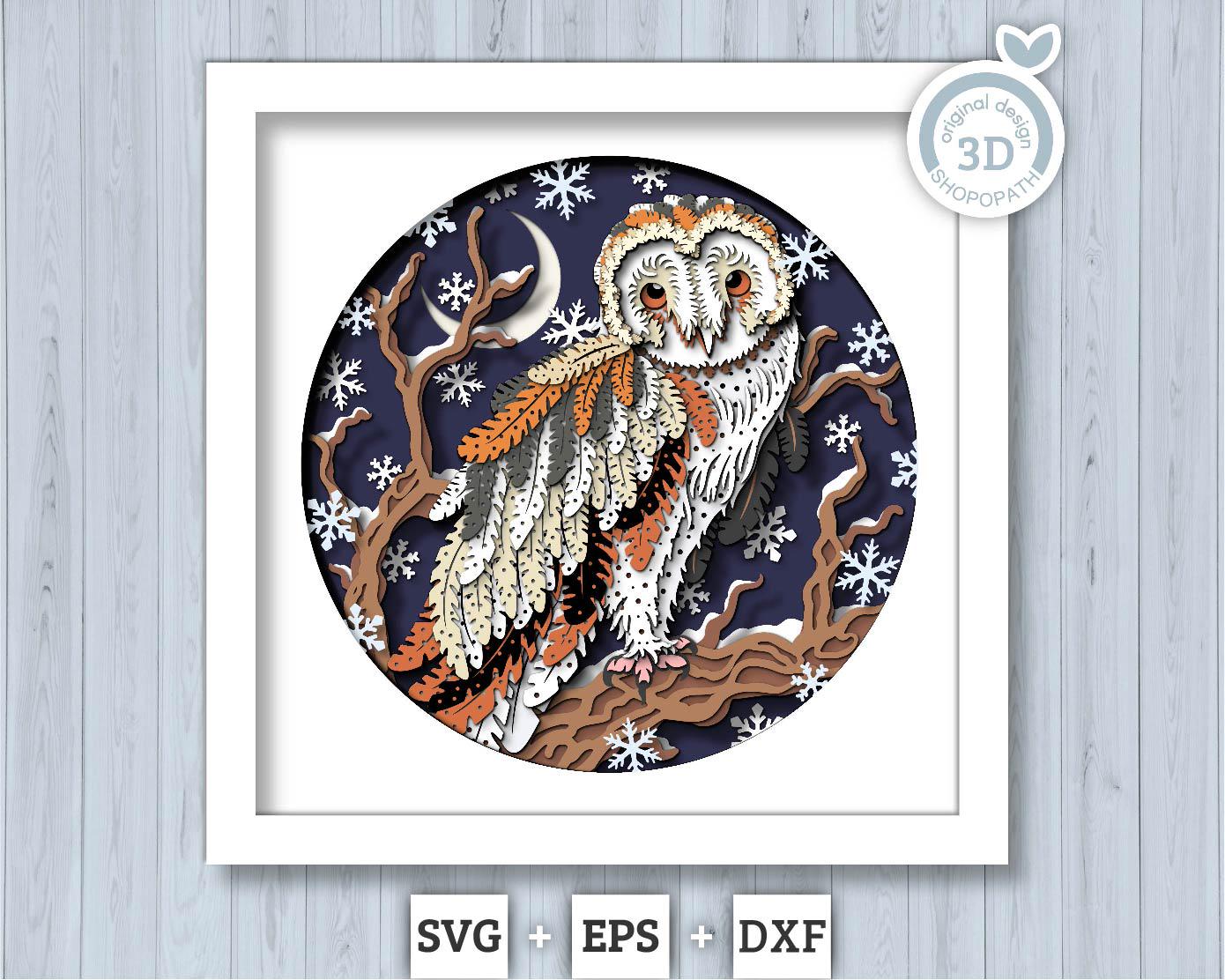 3D SVG Barn Owl On A Branch Shadow Box, 3D Winter SVG, 3D Owl Svg, 3d SVG Snowflakes, 3d svg Treetop