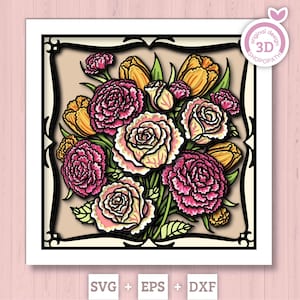 Può includere: Un design floreale con un bouquet di rose rosa e crema, tulipani gialli e garofani rosa, su uno sfondo beige all'interno di una cornice decorativa nera. L'immagine include il testo "original design 3D SHOPOPATH" e "SVG + EPS + DXF".