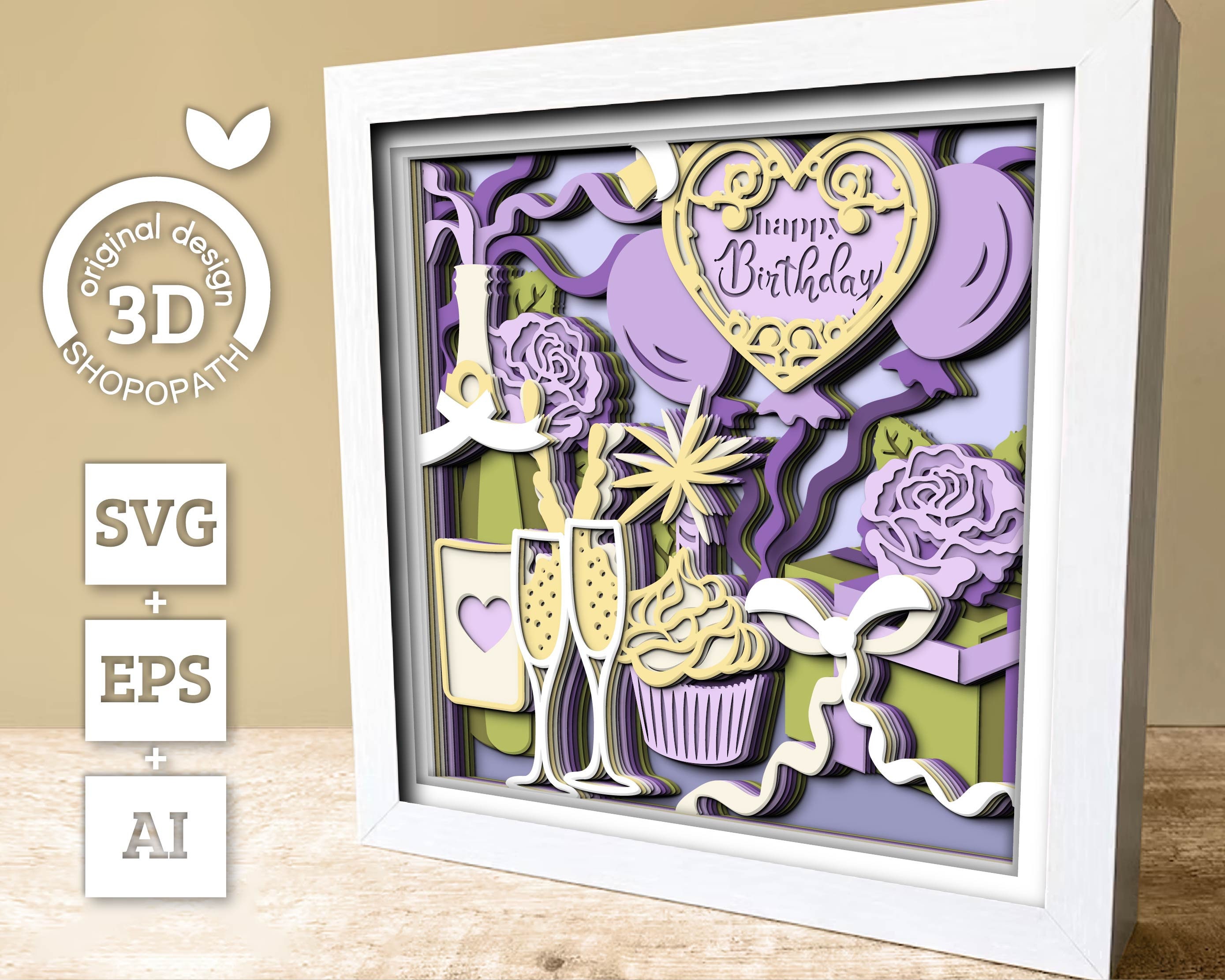 3D SVG Birthday Gifts Shadow Box SVG, 3D Happy Birthday Svg, Party ...
