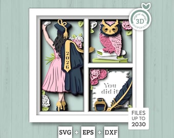Graduation Girl Long Hair Class of 2026 - 3D Shadow Box Layered SVG DXF EPS (Cutting Files)