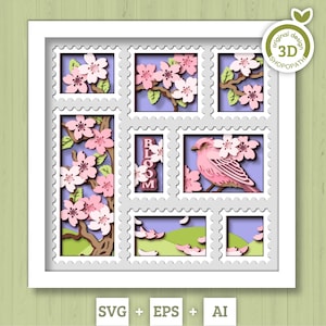 Sellos de árbol de cerezo en 3D con caja de sombras SVG, pinzón morado 3D SVG, primavera 3D SVG, árbol de Sakura 3D SVG, flores SVG, floral SVG, silueta de Cricut