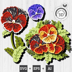 3D SVG gelaagde viooltje SVG, 3D viooltjes SVG, zomer 3D-svg, bloemen 3D-Svg, bloemen 3D-svg, lasergesneden viooltjes, Cricut