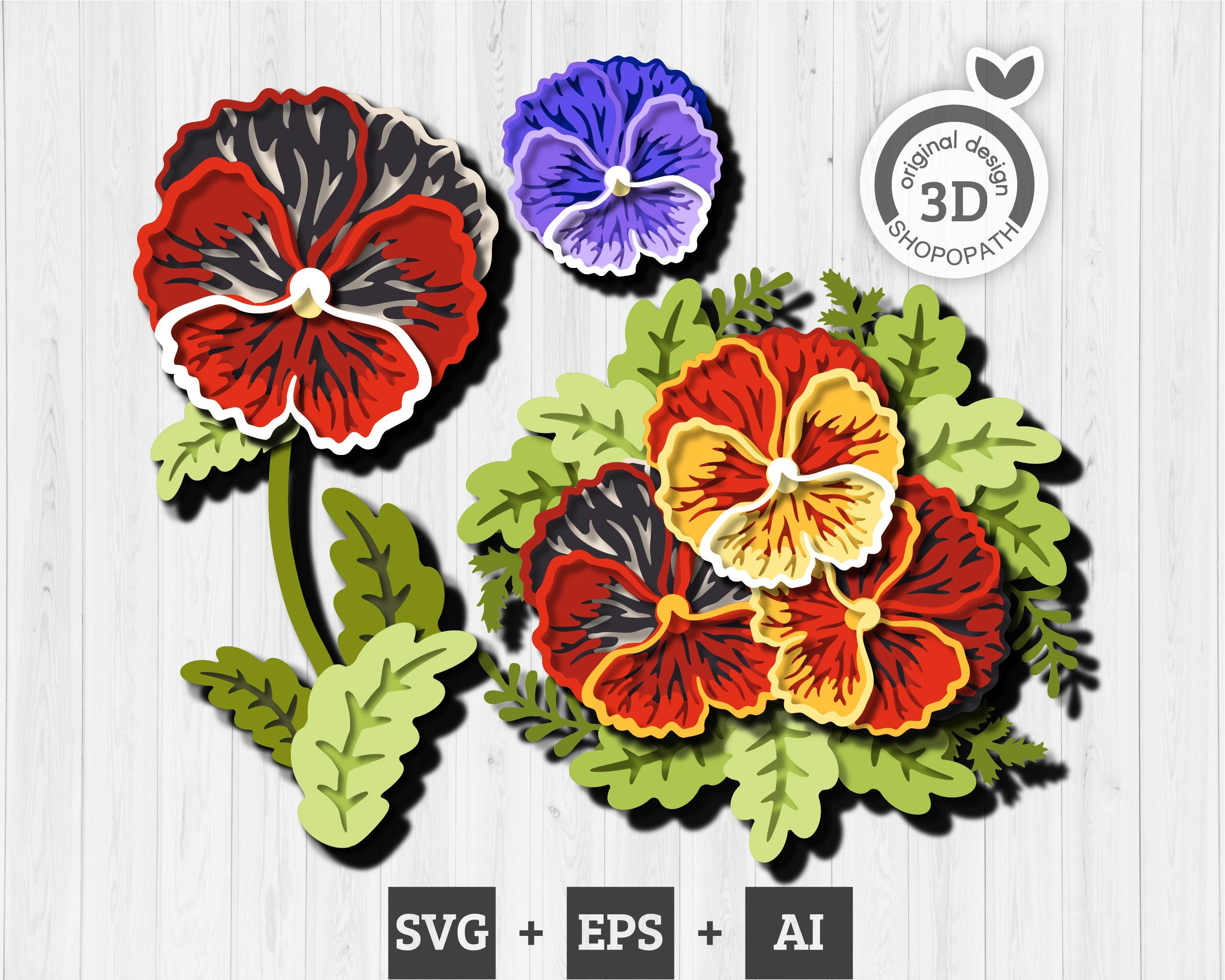 3D SVG Layered Pansy SVG, 3D Pansies SVG, Summer 3d svg, Flowers 3d Svg, Floral 3d svg, Laser Cut Pansies, Cricut