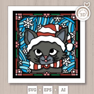 3D SVG Vitral Gatinho Com Chapéu De Papai Noel Caixa De Sombra, 3D SVG Natal, 3D SVG Papai Noel, 3D svg Gato, Shopopath 3D svg, Cricut Silhueta