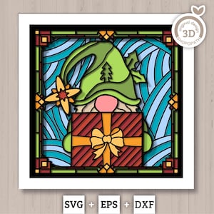 Gnome With Present Stained Glass - 3D Shadow Box Layered SVG DXF EPS (Cutting Files)
