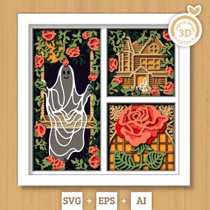 3D SVG Halloween Ghost Shadow Box, Warstwowe Róże Halloween, Nawiedzony Dom 3D Svg Warstwowe Wycinanki SVG, 3D Halloween, Cricut Silhouette