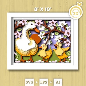 Caixa de sombra 3D Dia das Mães 8 x 10 polegadas SVG, Mãe Pata SVG, Pato Bebê 3D SVG, Patinhos em Camadas 3D SVG, Silhueta Cricut 3D Dia das Mães SVG