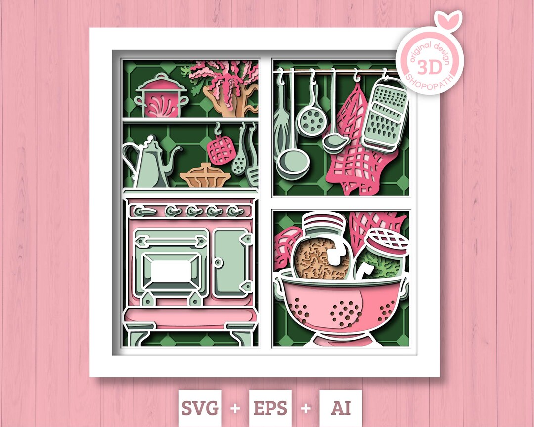 3D Kitchen SVG EPS, Cooking Shadow Box, Layered Cardstock Oven ...