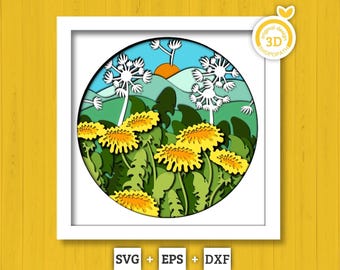 Dandelion Field in the Sun - 3D Shadow Box Layered SVG DXF EPS (Cutting Files)