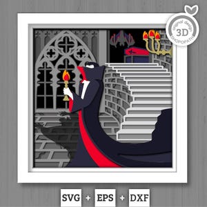 3D SVG Vampire Shadow Box, Layered Ghost Halloween, Haunted Castle 3D Svg Layered Papercut svg, 3d Halloween Bat Casket, Cricut Silhouette
