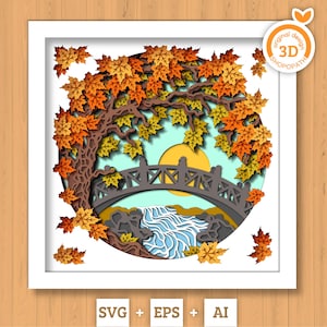 3D SVG herfst boom over een stroom schaduwdoos, herfst 3D SVG, bladeren 3D Svg, natuur 3D Svg, gebladerte 3D SVG herfst schaduw vak Cricut silhouet