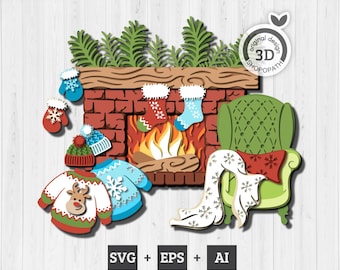 3D Layered Christmas Ornaments SVG PDF EPS, Christmas 3D Svg, Stockings 3D Svg, Chimney 3d Svg, Stockings 3D Svg, Laser Cut Cricut Glowforge