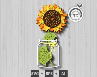 3D Layered Sunflower Jar SVG EPS, 3D Layered Sunflower, Layered Papercut svg, Summer Svg, Laser Cut Sunflower, Cricut, Glowforge, Silhouette