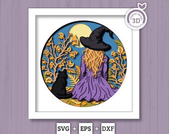 Bruja SVG 3D con caja de sombra de gato negro, SVG 3D de Halloween, SVG 3D de bruja, SVG 3D de bruja en capas, SVG 3D de gato negro en capas, silueta de Cricut
