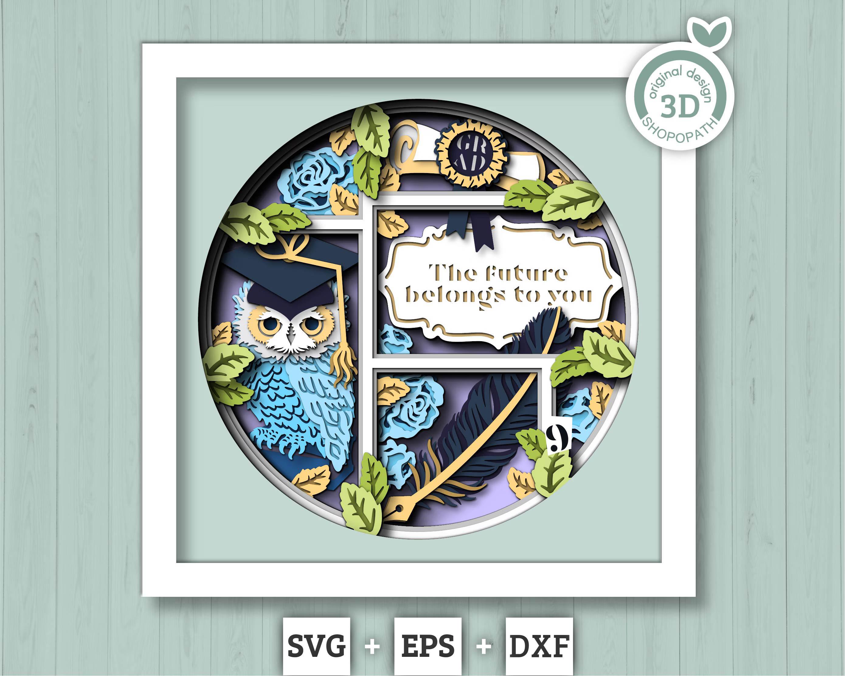 Graduation Owl 2026 with Label - 3D Shadow Box Layered SVG DXF EPS (Cutting Files)
