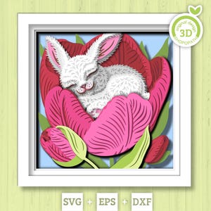 Lapin SVG 3D dormant dans une boîte d'ombre de tulipe, Svg 3D de boîte d'ombre de printemps, lapin de Svg 3D, 3D DXF fleur de tulipe lapin de Pâques 3D DXF Cricut Silhouette