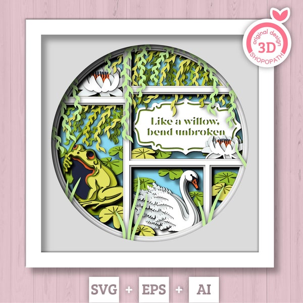 3D Customisable Willow Tree Shadow Box SVG, Willow Tree 3D svg, Swan 3D SVG, 3D Frog Svg, 3d Luna Moth svg, Lily Flower, Cricut Silhouette