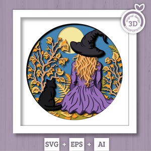 3D SVG Hexe mit schwarzer Katze Schattenbox, Halloween 3D SVG, Hexe 3D SVG, Layered Hexe 3D SVG, schwarze Katze 3D SVG, Cricut Silhouette