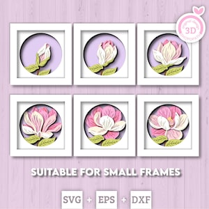 May include: Six framed floral art pieces. Each white frame contains a circular cutout with a 3D paper magnolia flower in various stages of bloom. The flowers are pink and white with green leaves, set against a lavender background. Text reads "SUITABLE FOR SMALL FRAMES".
