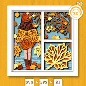 Pull automne en couches SVG 3D, boîte ombre automne, Svg automne 3D, feuilles Svg 3d, boîte ombre chapeau fille, svg papercut Bonjour automne, Silhouette Cricut