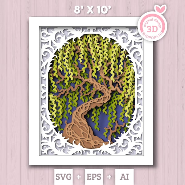 3D Willow Tree Shadow Box SVG, 8 x 10 inch Willow Tree 3D SVG, 3D Layered Willow Svg, 3D Summer SVG, 3d Lace Frame svg Cricut Silhouette