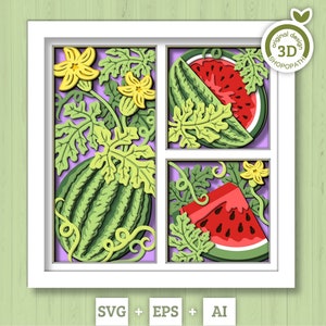 3D SVG Caixa de sombra de melancia SVG, Caixa de sombra de verão, Fatia de melancia 3d SVG, Flores 3d svg, Frutas de verão em camadas 3d svg Silhueta Cricut