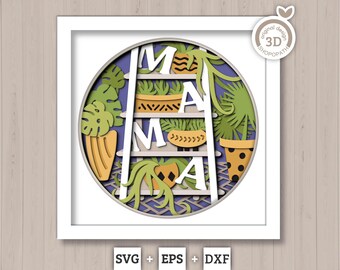 3D SVG Mama Shadow Box SVG Moederdag Shadow Box Spring Garden met bladeren keramische potplanten gelaagde svg, Cricut silhouet