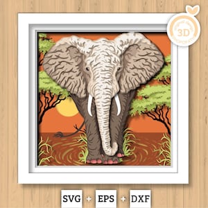 Elephant in Safari Sunset - 3D Shadow Box Layered SVG DXF EPS (Cutting Files)