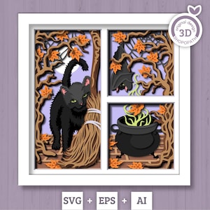 3D SVG Halloween Shadow Box, Warstwowy Kot Halloween, Kocioł 3D Svg, 3D SVG Nietoperz, Halloween 3D Svg, Miotła Wiedźmy 3d svg, Cricut Sylwetka