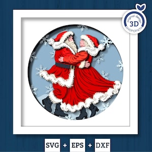 May include: A paper cut-out artwork depicting Santa and Mrs. Claus dancing. They wear red outfits with white fur trim, set against a light blue backdrop with snowflakes. The image is framed in white, with the words 'SVG + EPS + DXF' at the bottom.