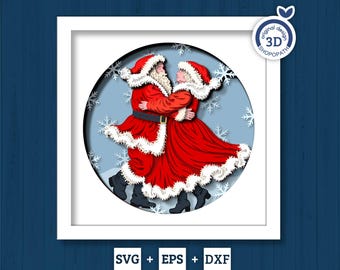 Mr. & Mrs. Claus Dancing in Snow - 3D Shadow Box Layered SVG DXF EPS (Cutting Files)