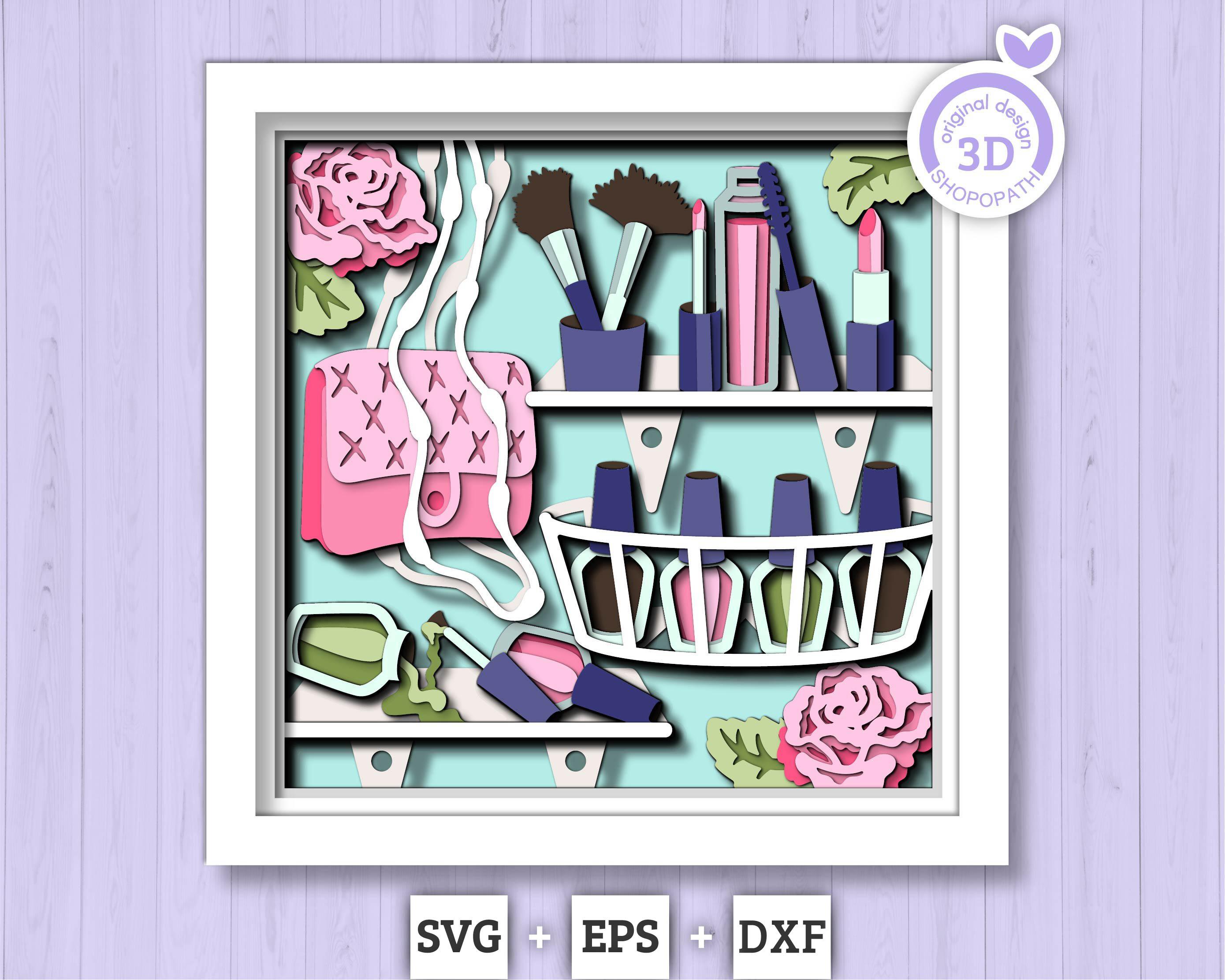 Makeup Tools with Roses - 3D Shadow Box Layered SVG DXF EPS (Cutting Files)