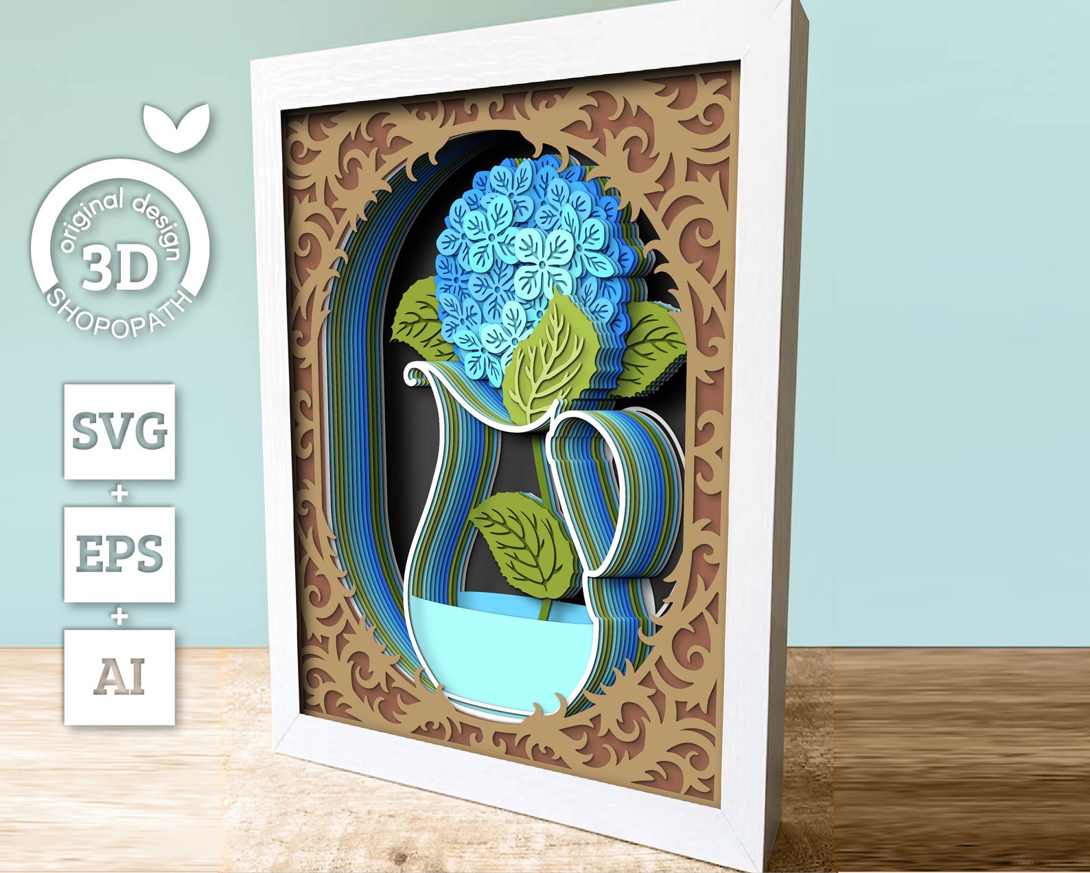Hydrangea in Vase 8x10 Inch - 3D Shadow Box Layered SVG DXF EPS ...