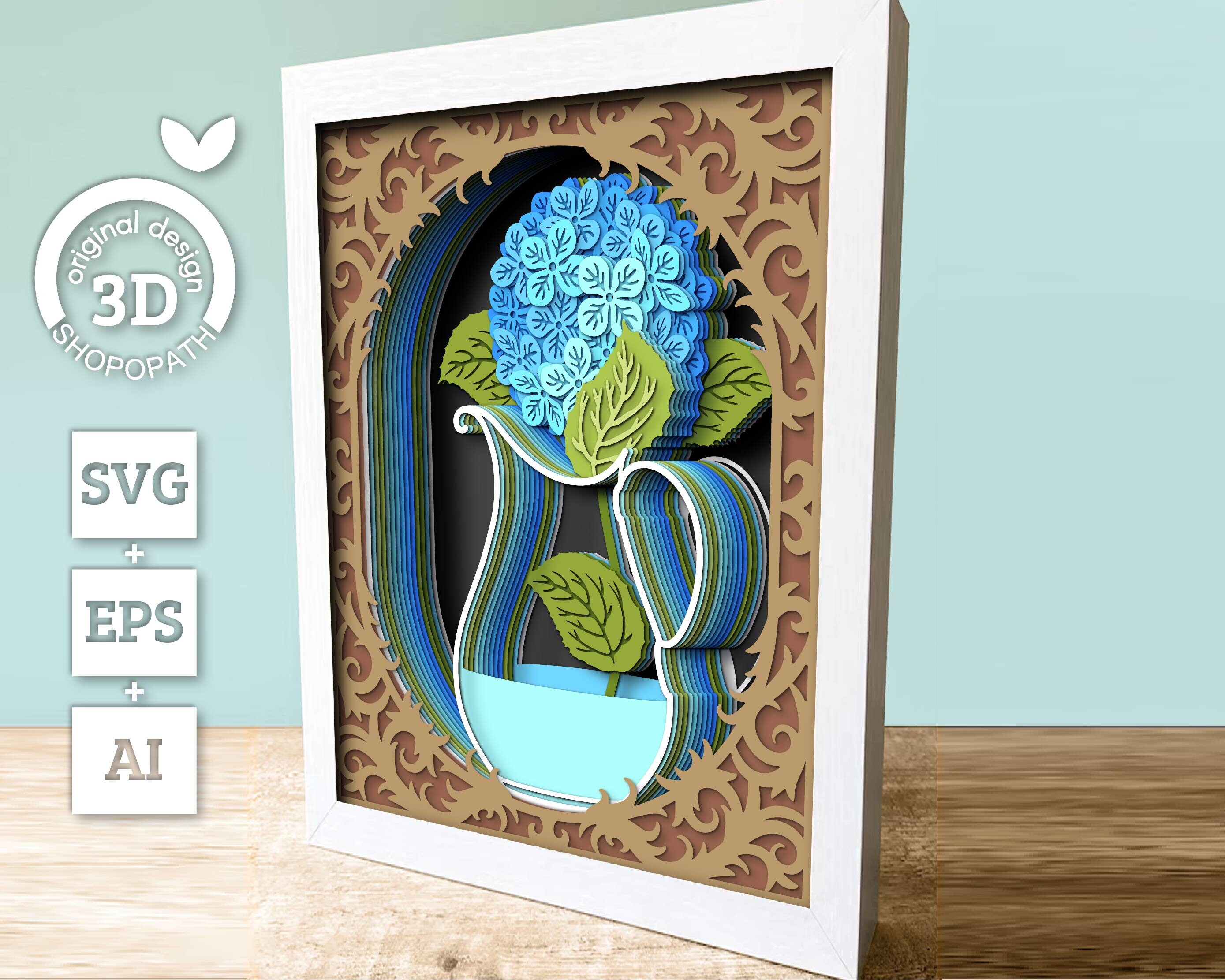 Hydrangea in Vase 8x10 Inch - 3D Shadow Box Layered SVG DXF EPS ...