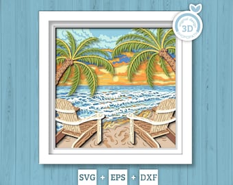 Beach with Wood Chairs - 3D Shadow Box Layered SVG DXF EPS (Cutting Files)