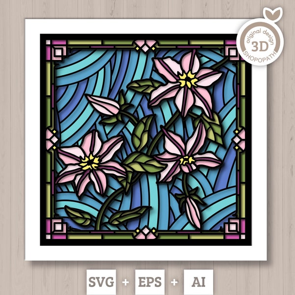 3D SVG Stained Glass Clematis Flowers Shadow Box, 3D Flowers svg, 3D Stained Glass Papercut Clematis Shadow Box svg Floral Cricut Silhouette