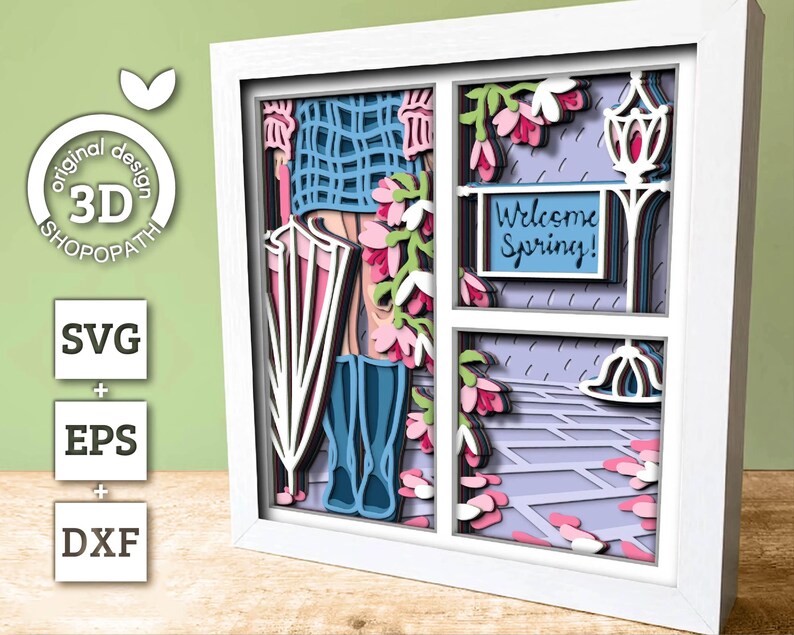 3D-Schichten-Frühlingsregen SVG, Frühling Schattenbox, Magnolienblumen 3D-Svg, Stiefel-Svg, Blätter 3D-Svg, Hallo Frühling Papierschnitt, Cricut Silhouette Bild 2