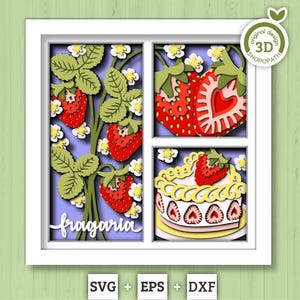 Panele z roślinami truskawkowymi i tortem – 3D Shadow Box Layered SVG DXF EPS (pliki do cięcia)