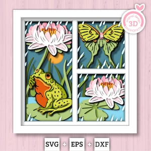 Paneles de rana bajo nenúfar - Caja de sombras 3D con capas SVG DXF EPS (archivos de corte)