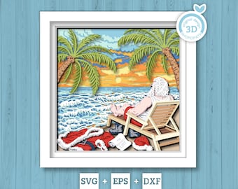 Santa Claus on Beach with Palm Trees - 3D Shadow Box Layered SVG DXF EPS (Cutting Files)