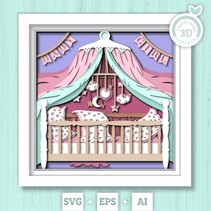 3D babymeisje wieg Shadow Box SVG, schattige baby 3D-svg, babyshower decor 3D SVG, pasgeboren 3D-svg, baby aankomst svg, kinderkamer 3D-SVG, Cricut